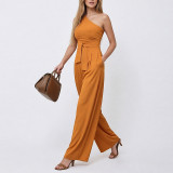 Spring Women's Chic Slash Shoulder Tie Waist Wide Leg Jumpsuit