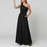 Spring Women's Chic Slash Shoulder Tie Waist Wide Leg Jumpsuit