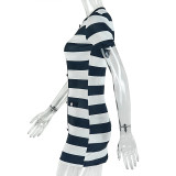 Women's Striped Print Button Short Sleeve Slim Fit Bodycon Dress