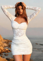 Summer Women Sexy Mesh Square Neck Long Sleeve Ruched Bodycon Mini Dress Clubwear Summer Women Sexy Mesh Square Neck Long Sleeve Ruched Bodycon Mini Dress Clubwear