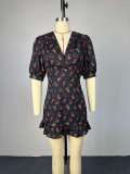 Spring Women Sweet Floral Print Puff Sleeve Ruffle Mini Dress Cute Outfit