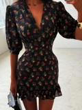 Spring Women Sweet Floral Print Puff Sleeve Ruffle Mini Dress Cute Outfit
