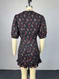 Spring Women Sweet Floral Print Puff Sleeve Ruffle Mini Dress Cute Outfit