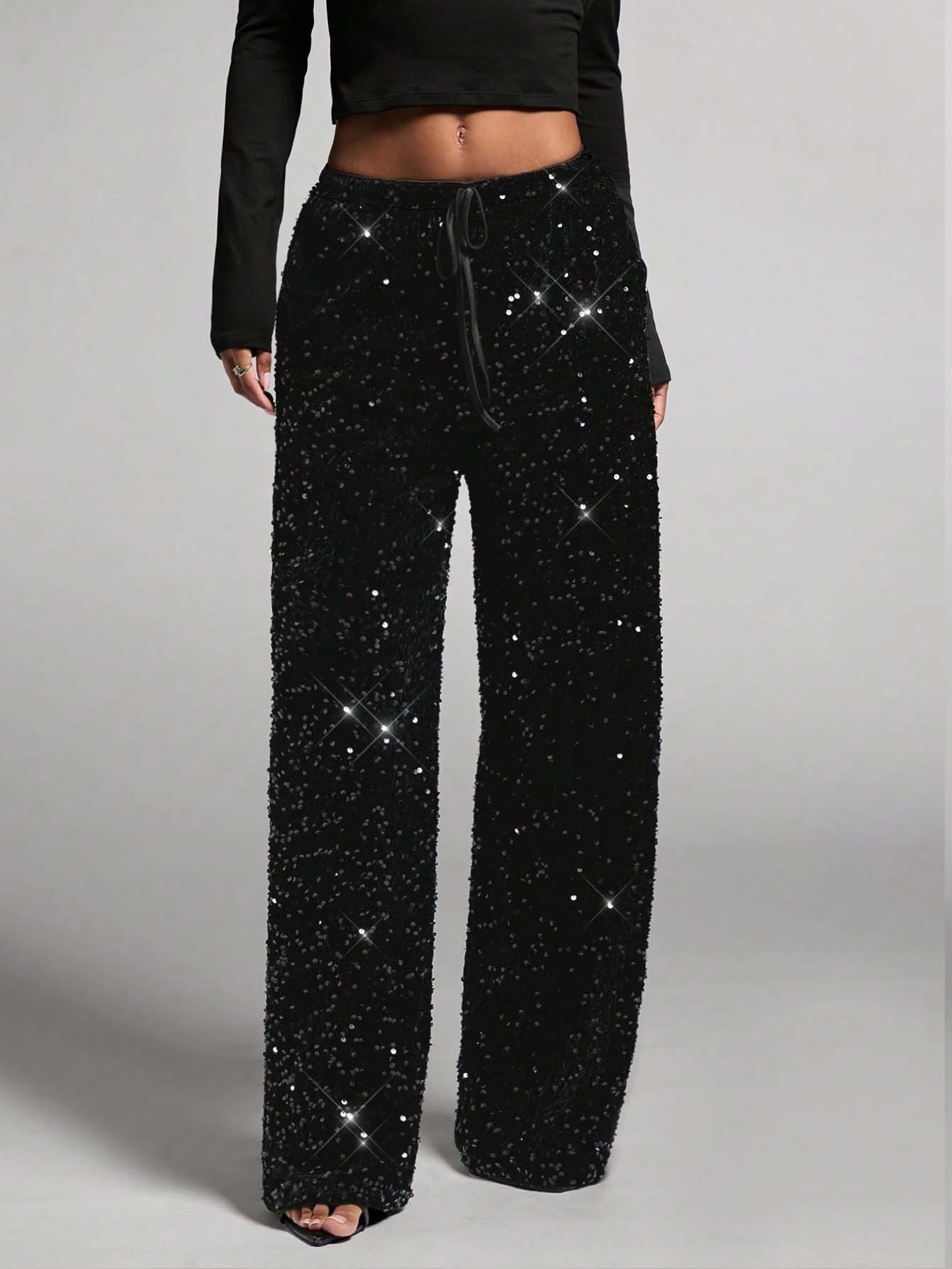 Sequin Drawstring Waist Loose Pants for Evening Parties