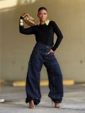 Women Patchwork Denim Pants Double Waist Rivet Streetwear Jeans