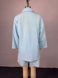 Women summer turndown collar three-quarter sleeve beaded shirt and wide-leg shorts two-piece set