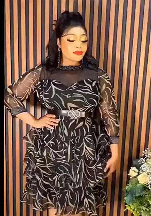 Plus Size African Women Cascading Ruffles Dress With Belt