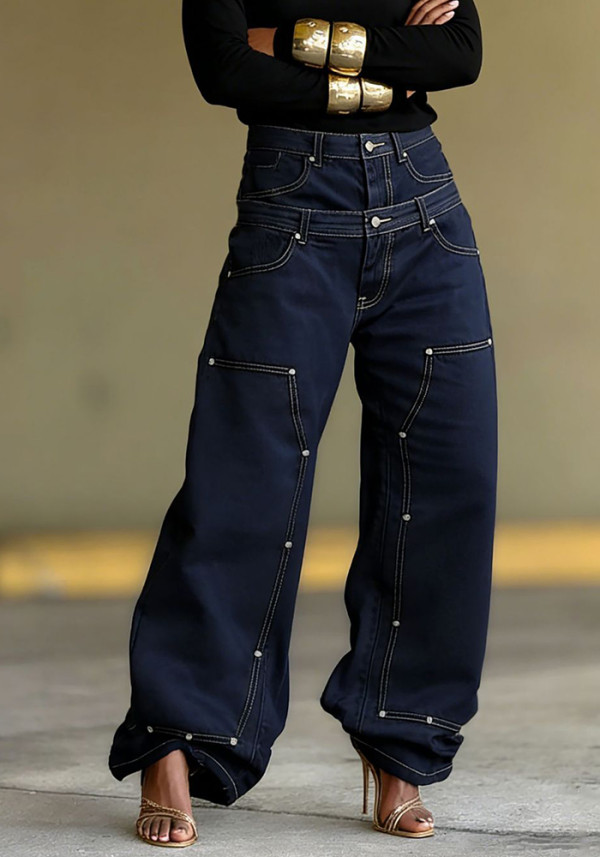 Women Patchwork Denim Pants Double Waist Rivet Streetwear Jeans