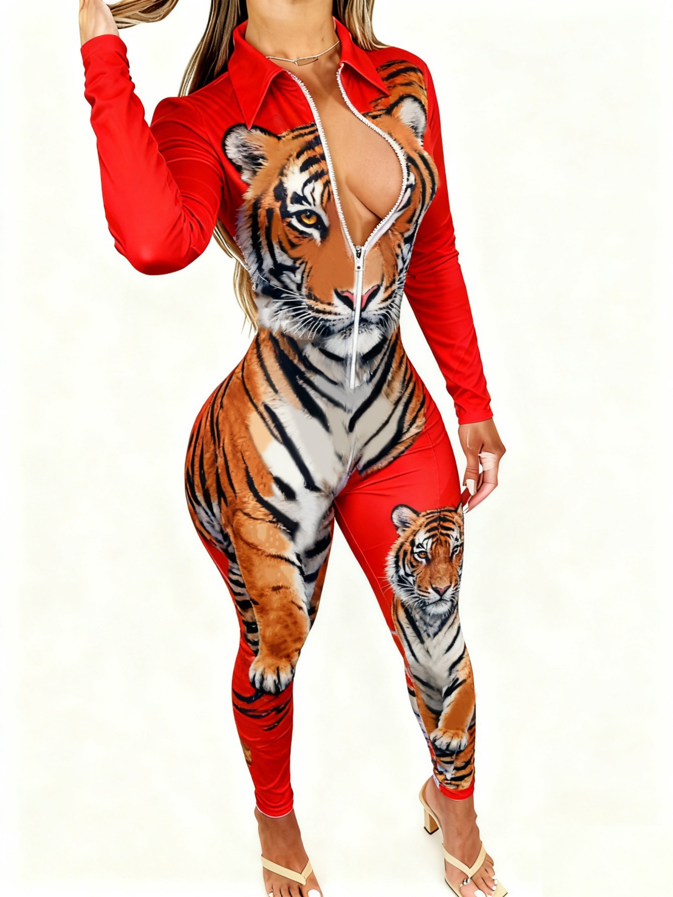 Women Casual Printed Zipper Jumpsuit