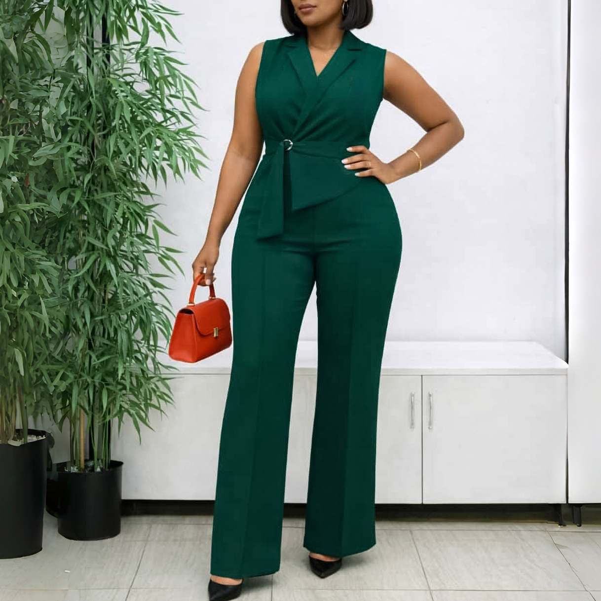 African Women Summer Sleeveless Turndown Collar Lace-up Wide-Leg Jumpsuit