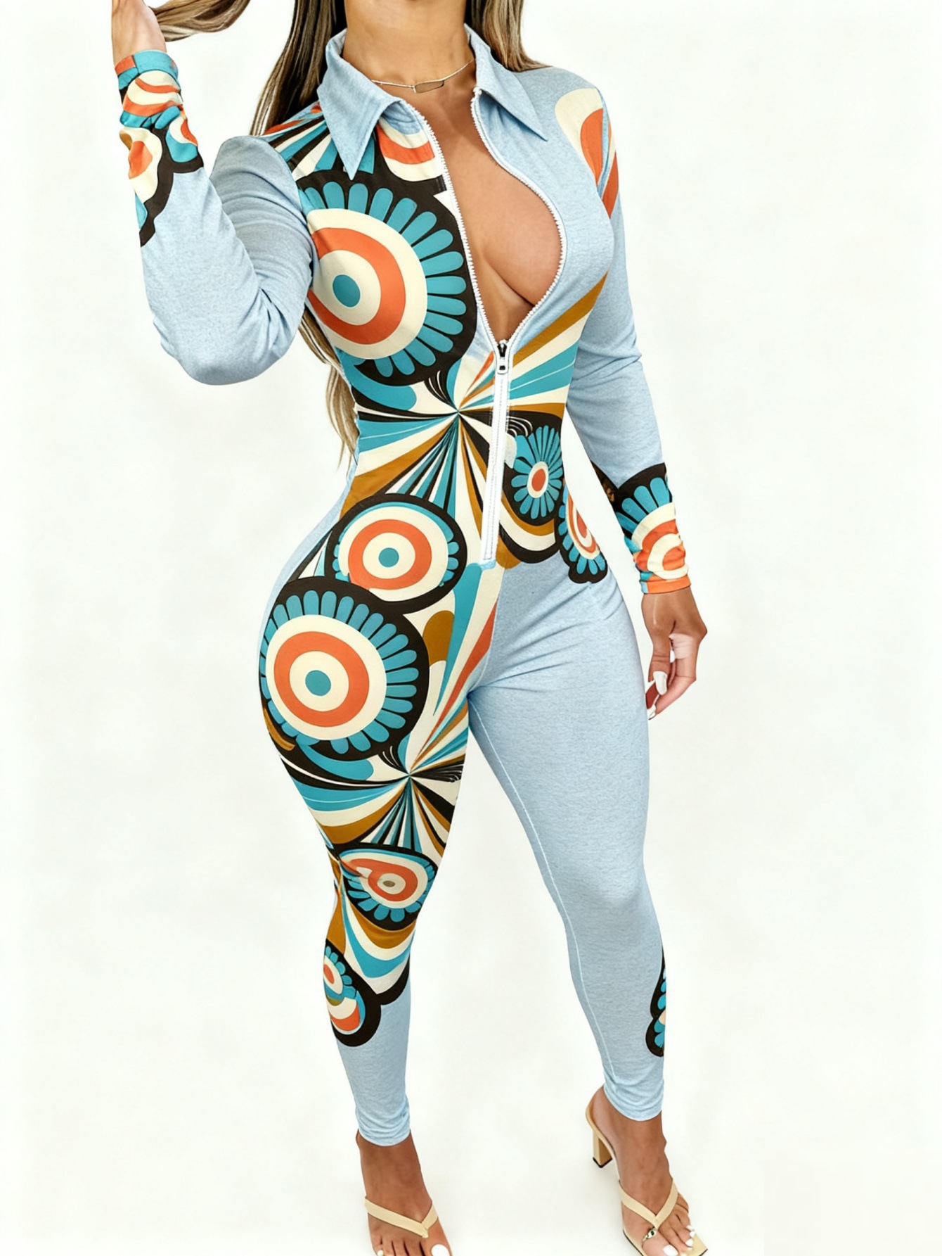Women Casual Printed Zipper Jumpsuit