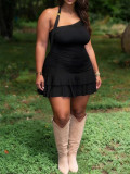 Women black Halter Neck ruffled double-layer ruffled cascading ruffles dress