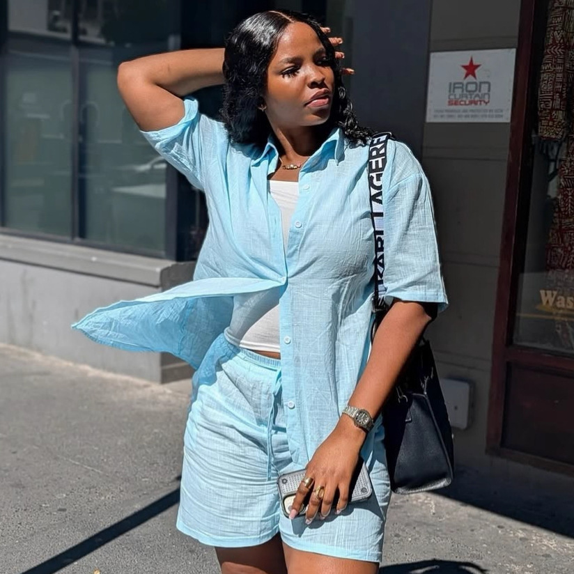 African Women Casual Turndown Collar Shirt and Shorts Two-Piece Set