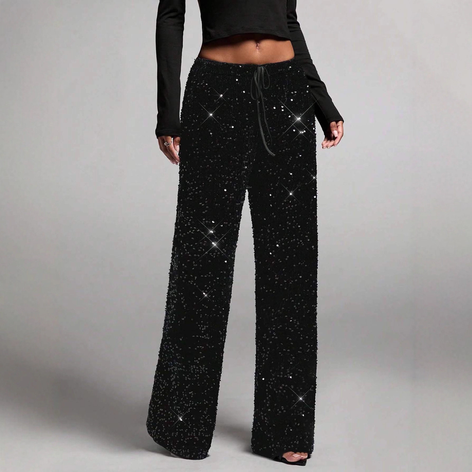 Sequin Drawstring Waist Loose Pants for Evening Parties