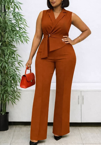 African Women Summer Sleeveless Turndown Collar Lace-up Wide-Leg Jumpsuit