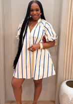 Women Chic V-Neck Striped Puff Sleeve Mini Dress Elegant Casual Dress