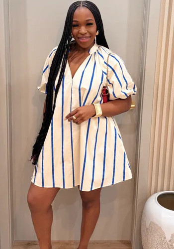 Women Chic V-Neck Striped Puff Sleeve Mini Dress Elegant Casual Dress