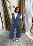 Spring Summer Women Washed Denim Jumpsuit V-Neck Casual Loose Fit Overalls