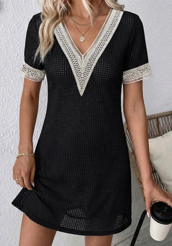 Summer Women Lace Patchwork V-Neck Hollow Out Dress Sexy Party Outfit