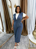 Spring Summer Women Washed Denim Jumpsuit V-Neck Casual Loose Fit Overalls