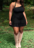Women black Halter Neck ruffled double-layer ruffled cascading ruffles dress