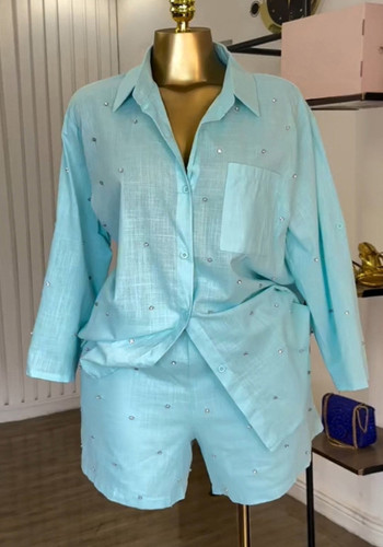Women summer turndown collar three-quarter sleeve beaded shirt and wide-leg shorts two-piece set