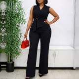 African Women Summer Sleeveless Turndown Collar Lace-up Wide-Leg Jumpsuit