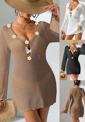 Women Deep V-Neck Hollow Out Bell Sleeve Beach Cover Up Crochet Dress
