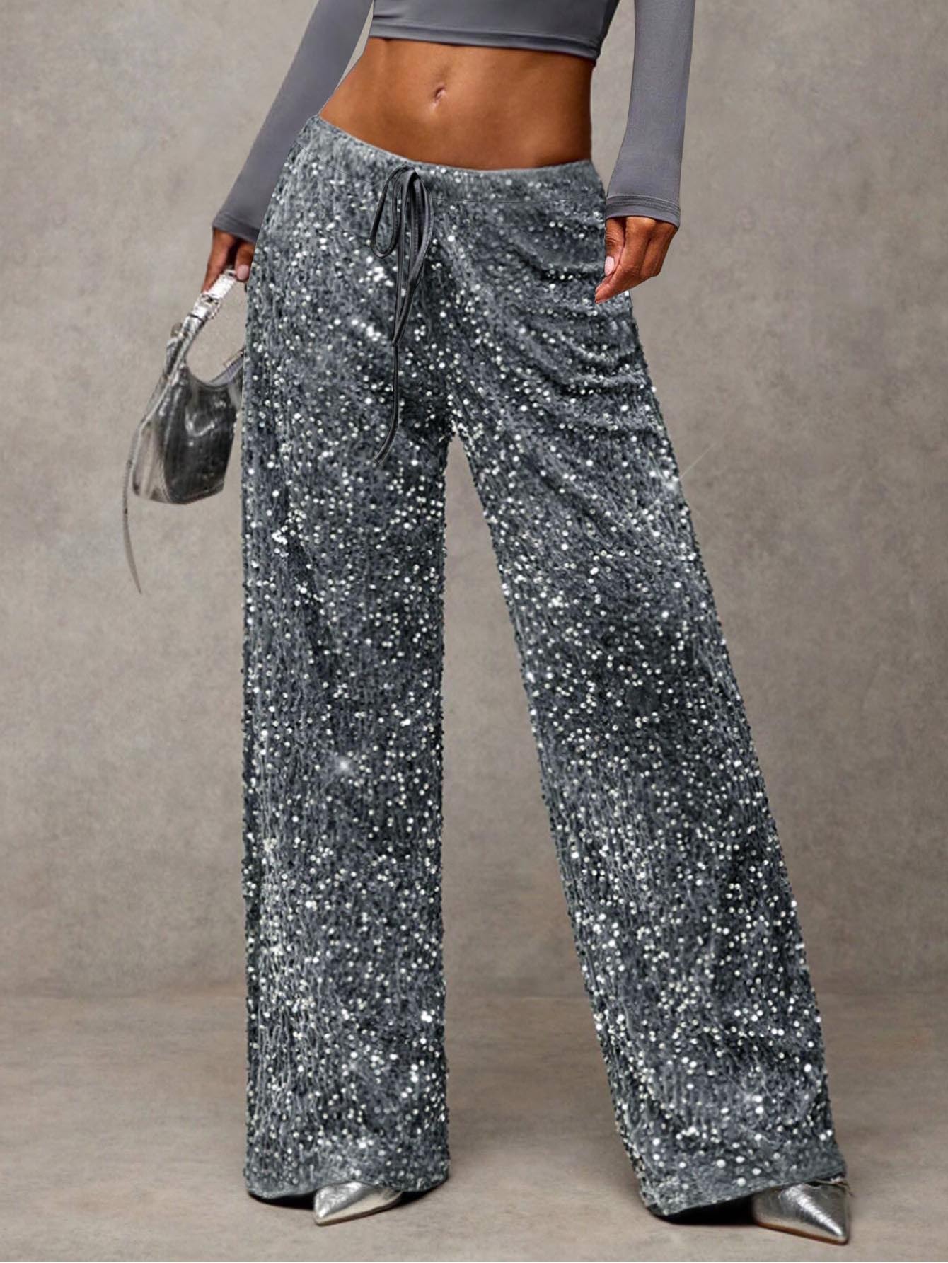 Sequin Drawstring Waist Loose Pants for Evening Parties