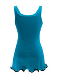 Women Colorblock Sleeveless Square Neck Slim Waist A-Line Mini Dress Trendy Outfit