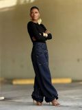 Women Patchwork Denim Pants Double Waist Rivet Streetwear Jeans