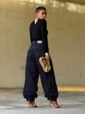 Women Patchwork Denim Pants Double Waist Rivet Streetwear Jeans