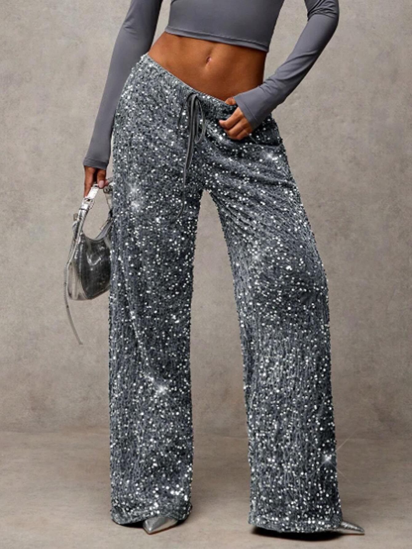 Sequin Drawstring Waist Loose Pants for Evening Parties