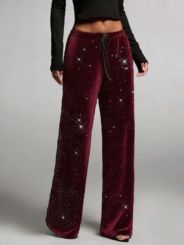 Sequin Drawstring Waist Loose Pants for Evening Parties