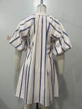 Women Chic V-Neck Striped Puff Sleeve Mini Dress Elegant Casual Dress
