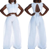 Women summer backless tie-waist sleeveless top and wide-leg pants two-piece set