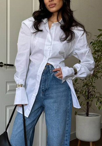 Summer Women Long Sleeve Turndown Collar Shirt Office Lady Casual Workwear