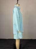 Women summer turndown collar three-quarter sleeve beaded shirt and wide-leg shorts two-piece set