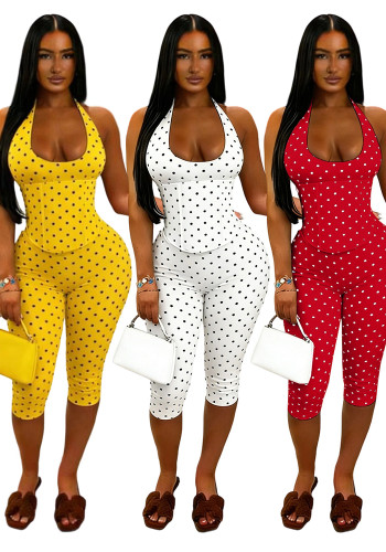 Women Halter Neck Polka Dot Boned Zipper Slim Waist Cropped Jumpsuit Party Outfit