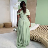 Women summer Slash Shoulder ruffled tie-waist short-sleeved dress
