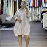 Spring Women Striped Button Down Long Sleeve Casual Loose Shirt Dress