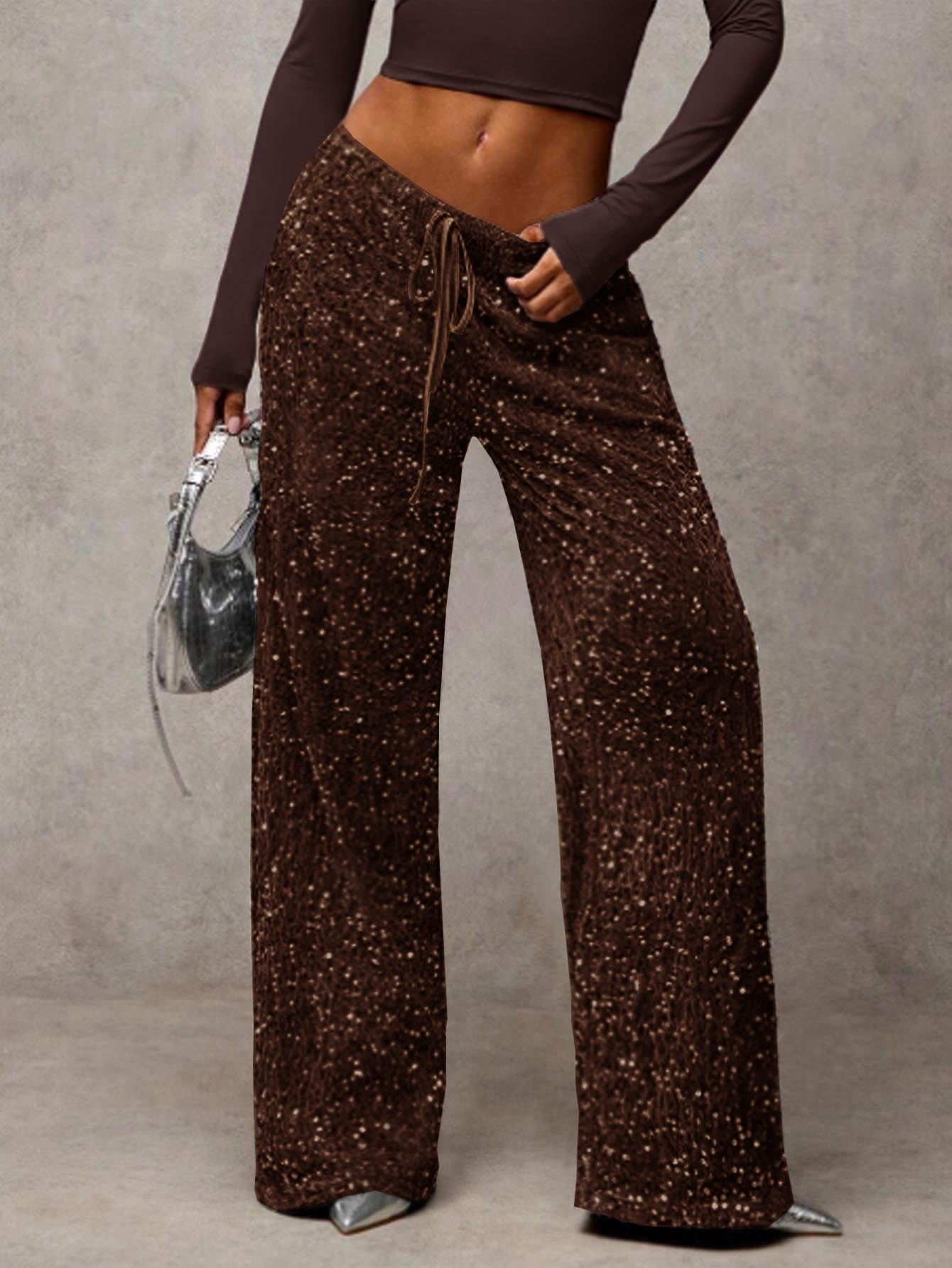 Sequin Drawstring Waist Loose Pants for Evening Parties