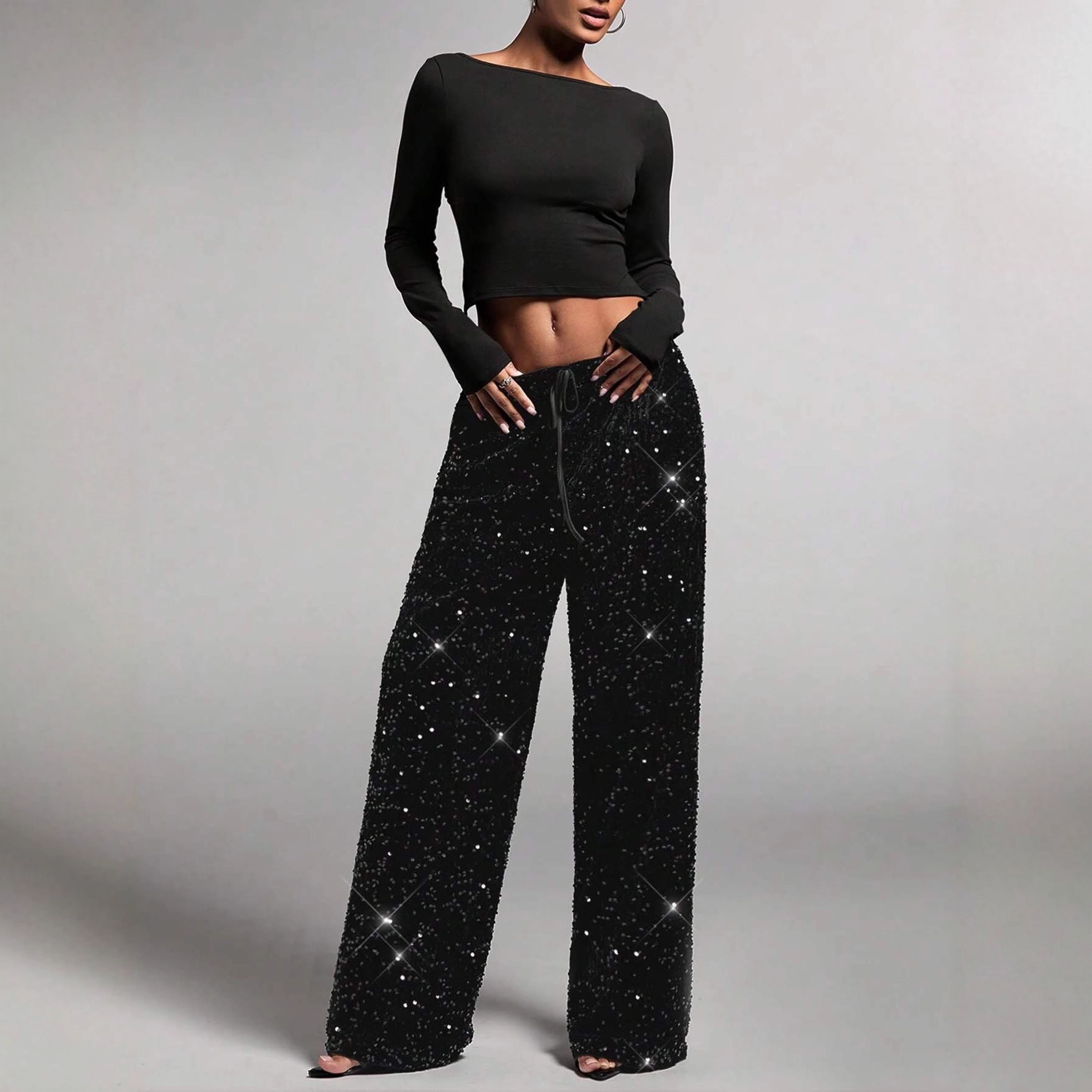 Sequin Drawstring Waist Loose Pants for Evening Parties