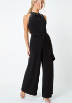 Women Black Halter Neck Beaded Sleeveless Belted Jumpsuit Elegant Party Outfit