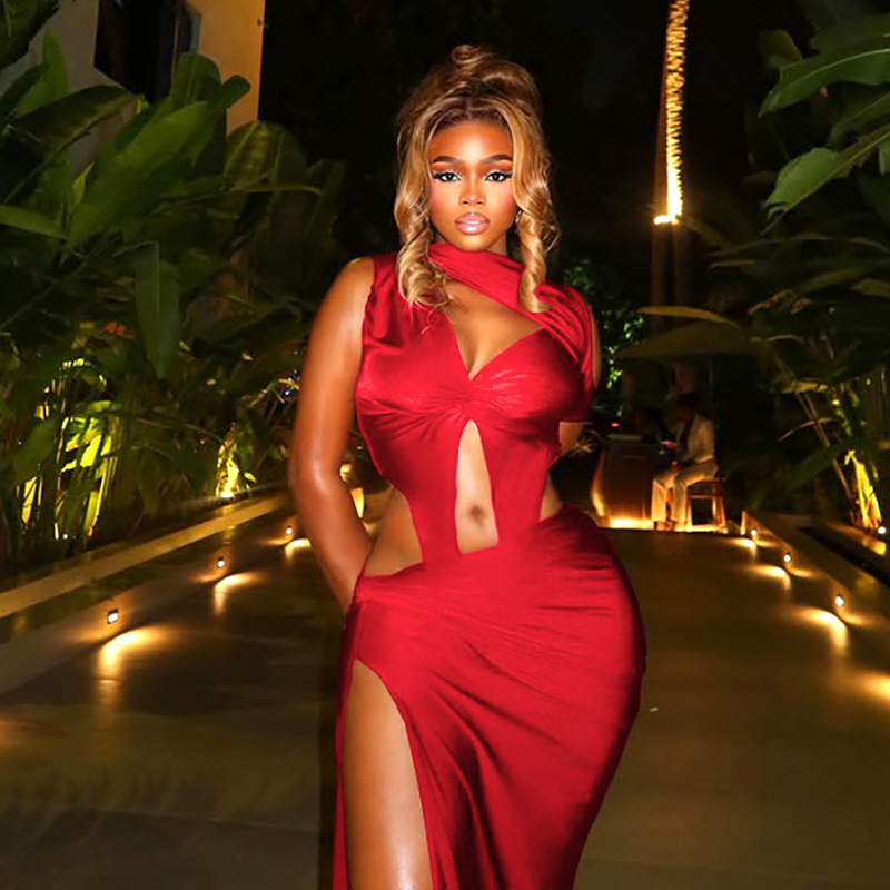 Women Summer Hollow-Out Irregular Slit Dress