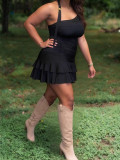 Women black Halter Neck ruffled double-layer ruffled cascading ruffles dress
