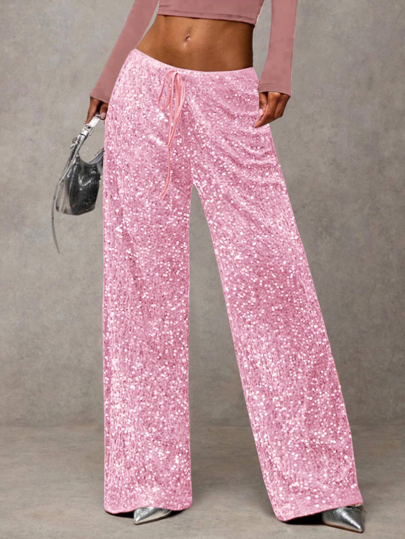 Sequin Drawstring Waist Loose Pants for Evening Parties