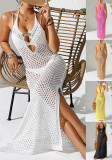 Women Sexy V-Neck Halter Lace-Up Low Back Bodycon Dress Side Slit Party Dress