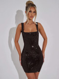 Women Sequin Rhinestone Strap Low Back Bodycon Mini Dress Sexy Night Club Dress