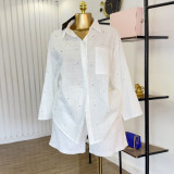 Women summer turndown collar three-quarter sleeve beaded shirt and wide-leg shorts two-piece set
